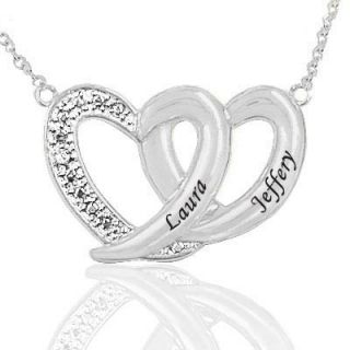 Couples Engraved Diamond Accent Double Heart Necklace in Sterling