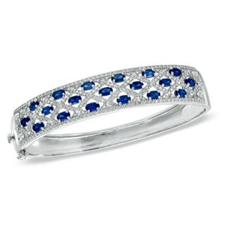 Oval Lab Created Sapphire and Diamond Accent Bangle in Sterling Silver