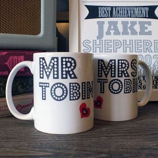 set of personalised 'mr and mrs' mugs by that lovely shop