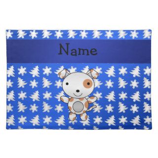 Personalized name dog blue snowflakes trees place mats