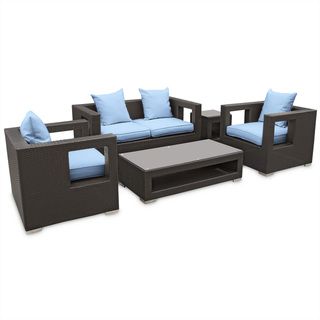 Lunar Outdoor Rattan 5 piece Set in Espresso with Light Blue Cushions Modway Sofas, Chairs & Sectionals