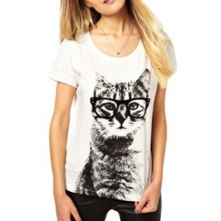 Little Hand Womens Scoop Neck Cat Printed Causal White T shirt Tops