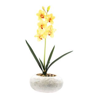 Yellow Cymbidium Silk Flower In Pearl Vase