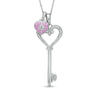 Lab Created Pink Sapphire and Diamond Accent Heart Key and Lock