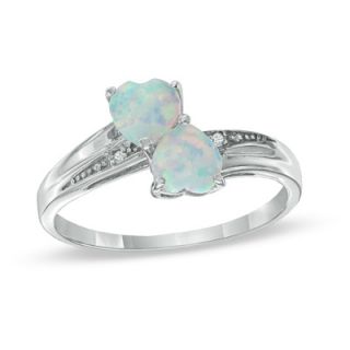 Heart Shaped Lab Created Opal and Diamond Accent Double Heart Ring in