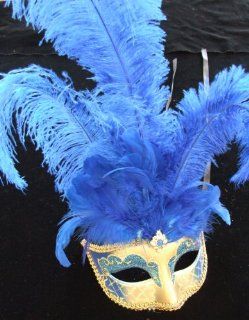 Blue Gold Feather Masquerade Mardi Gras Venetian Feather Mask Toys & Games
