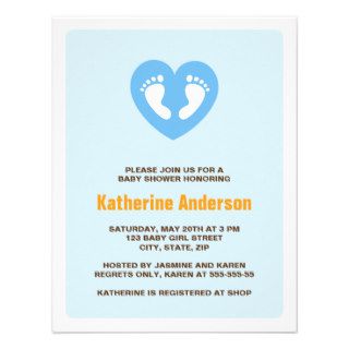 Blue heart foot prints baby shower invitation