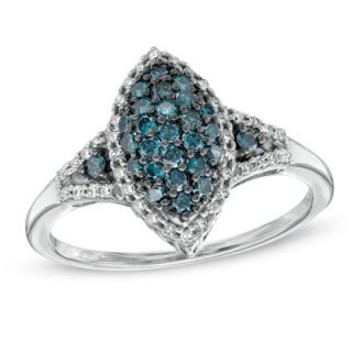 CT. T.W. Enhanced Blue and White Diamond Marquise Frame Ring in