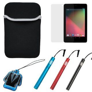 BIRUGEAR Black Universal Neoprene Sleeve Protective Case + Clear LCD Screen Protector + 3 Colors Stylus with Cap & 3.5mm Plug + LCD Screen Cleaner Strap for Google Nexus 7 Tablet (Android 4.1 Jelly Bean, 7 inch) Computers & Accessories