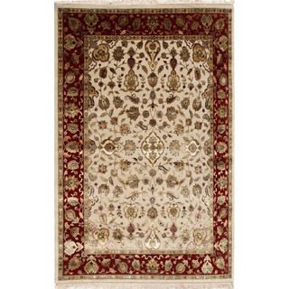 Hand knotted Ivory/ Red Oriental Pattern Wool/ Silk Rug (2 X 3)
