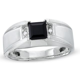 Mens Princess Cut Onyx Ring in Sterling Silver with Diamond Accents
