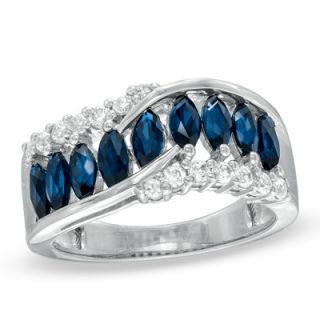 Marquise Cut Lab Created Blue and White Sapphire Ring in Sterling