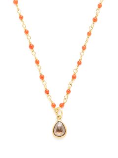 Spun Sugar Coral Bead & Brown Diamond Pendant Necklace by Mallary Marks