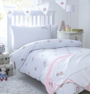pink owls embroidered bedding by the fine cotton company