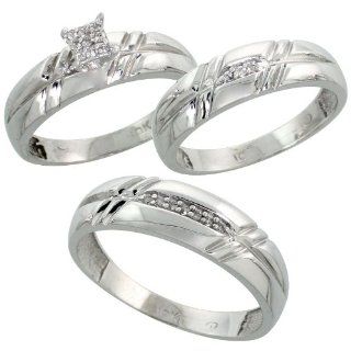 10k White Gold Diamond Trio Engagement Wedding Ring Set for Him and Her 3 piece 6 mm & 5.5 mm wide 0.12 cttw Brilliant Cut, ladies sizes 5   10, mens sizes 8   14 Wedding Bands Jewelry
