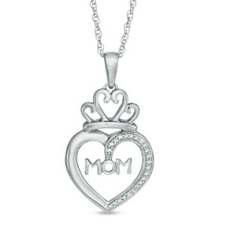 Diamond Accent MOM Heart with Crown Pendant in Sterling Silver