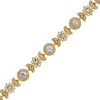 Cubic Zirconia and Crystal Flower Link Bracelet in Brass with 18K Gold