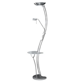 Curved Torchier 3 light Satin Chrome Floor Lamp With Reading Light And Glass Table