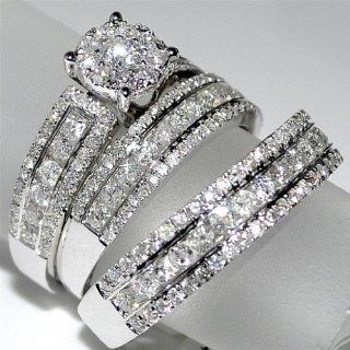 2.1ct Trio Set Bride and Grooms Rings 3 piece 14K White Gold Round Solitaire center Wedding Ring Sets Jewelry