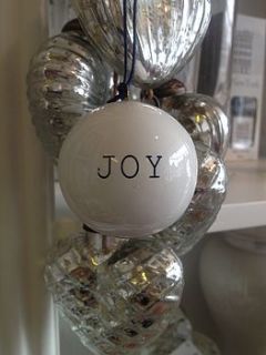 white ceramic love and joy baubles by og home