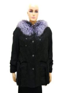 Women's Genuine Leather Coat with Silver Fox Fur Hood