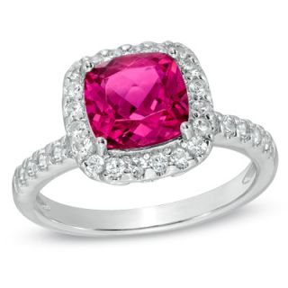 0mm Cushion Cut Lab Created Ruby and White Sapphire Frame Ring in