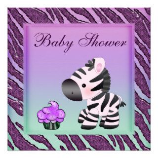 Cute Zebra & Cupcakes Purple Baby Shower Custom Invites