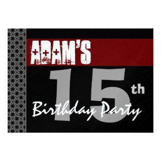 15th Birthday Modern Red Black White Metallic v6 Personalized Announcements