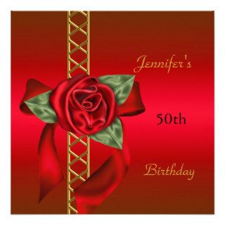 50th Birthday Party Red Gold Red Regal Rose Custom Announcements