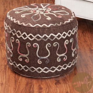 Christopher Knight Home Bahari Brown Wool Embroidered Pouf Ottoman
