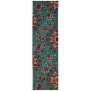 Hand tufted Suzani Teal Floral Bloom Rug (23 X 8)