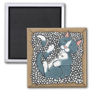 Gray Tuxedo Cat Sleeping in Box of Packing Peanuts Fridge Magnets
