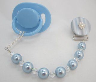 Baby Blue Big Pearl and Crystals Pacifier Clip  Baby Pacifier Leashes  Baby