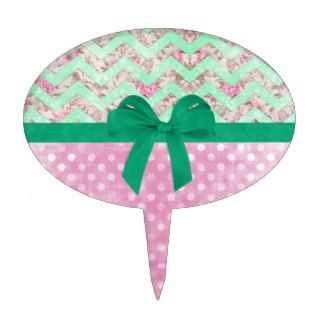 Mod Mint Green Ribbon Bow, Chevron Pink Polka Dots Cake Topper