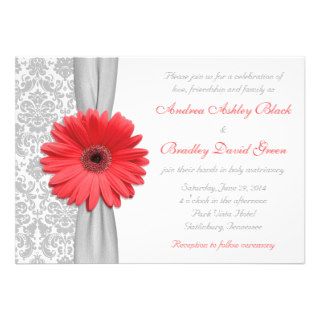Coral Gerbera Daisy Grey Damask Wedding Invitation