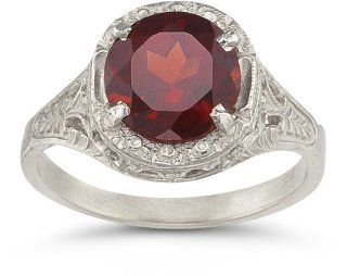 Vintage Floral Garnet Ring in 14K White Gold Jewelry