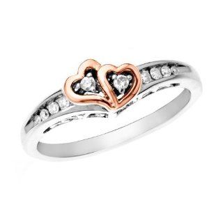 Sterling Silver rhodium plated rose gold 1/10 ct Round Cut Diamonds Double Heart Engagement Ring Size 5 Jewelry