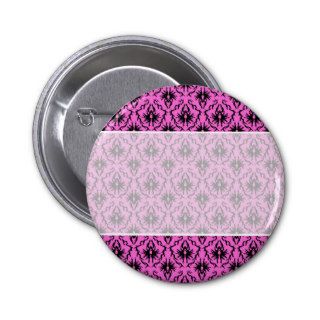 Bright Pink and Black Damask pattern. Pinback Button