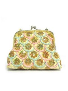 Fish Scale Sequin Stitched Accessory Yellow Makeup Pouch with Kiss Lock Clasp & Beaded Handle Clothing