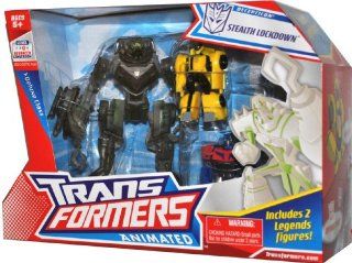 Hasbro Year 2008 Transformers Animated Series Exclusive 3 Pack Robot Action Figure Set   Deluxe Class 7 Inch Tall Decepticon Stealth LOCKDOWN with Flip Out Hook (Vehicle Mode Cruiser) Plus 2 Legends Class 3 Inch Tall Robot Figure (Autobot Bumblebee and Op