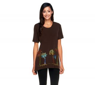 Quacker Factory Luau Sparkle Trapeze Hem Short Sleeve Knit T shirt —
