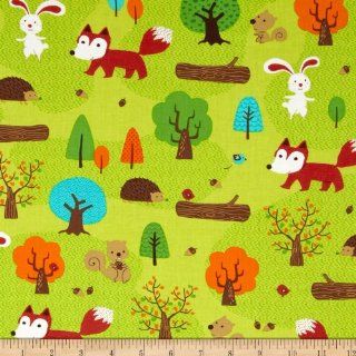 44'' Wide Forest Playground Animal Forest Collage Lime Fabric By The Yard