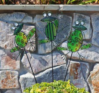 Friendly Frogs Garden Stake, Glass and Metal, 7.25x1x23.75 Inches, Assorted 3  Patio, Lawn & Garden