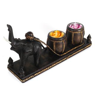 Thai Elephant Cart Carved Rain Tree Wooden Candle Holder (Thailand) Candles & Holders