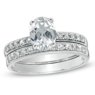 Oval Lab Created White Sapphire Bridal Set in Sterling Silver   Size 7