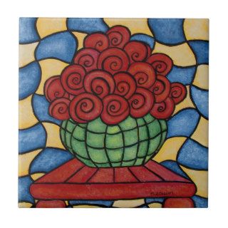 Whimsical Red Flowers Abstract Ceramic Tile