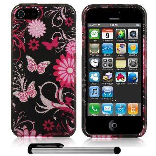 Pink Butterfly Flying Tonight Artistic Image Design Apple iPhone 5 Snap On (New 4G LTE for All Carrier) Hard Case + Free 1 Garnet House New 4"L Silver Stylus Touch Screen Pen Cell Phones & Accessories