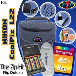 TheZipKit Flip Deluxe for Nikon CoolPix L22 Accessories pack includes Transcend 8GB Class 10 SDHC. Deluxe Camera Case, Small leatherette case, Mini Tripod, 4 2900mAh batteries & Charger, USB Card Reader, LCD Film, Deluxe Lens cleaning kit and more.  