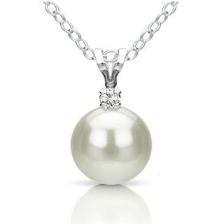 DaVonna Silver White FW Pearl and Diamond Pendant Necklace (8 8.5 mm) DaVonna Pearl Necklaces