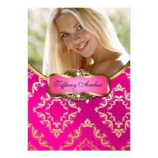 Pink and Gold Damask Photo Invite